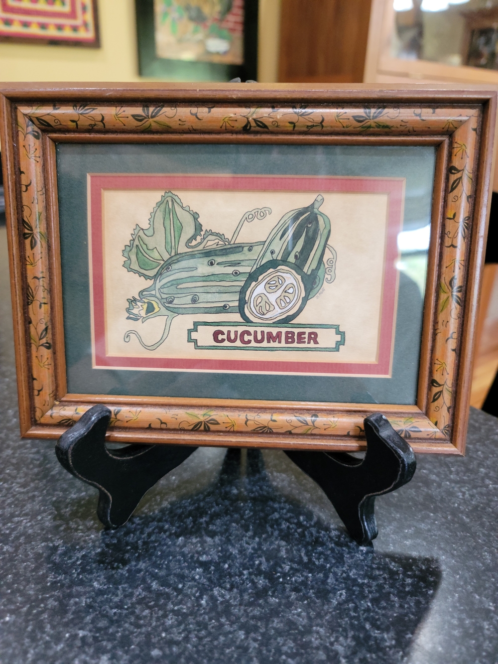 Vintage Cucumber Vegetable Print Framed Matted Paper Landscape Small 6 x 8 in